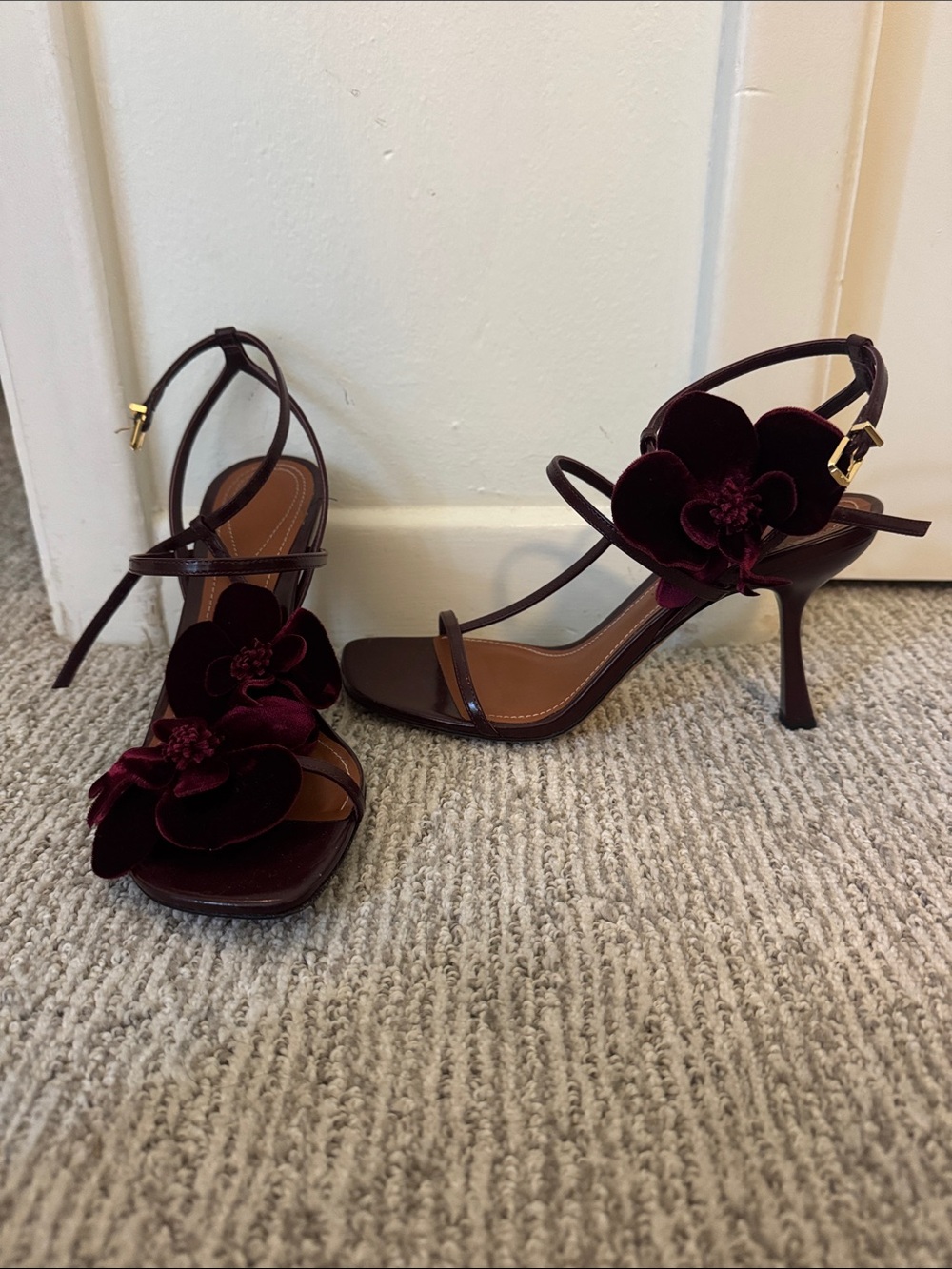 Zimmerman Orchid Velvet Flower Ankle-Strap Sandals in Burgundy - Picture 2 of 4